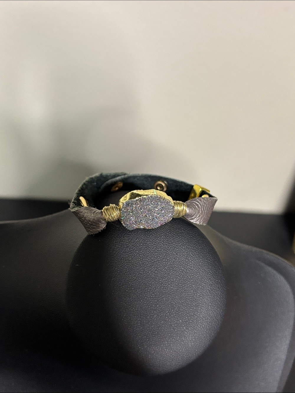Gray Druzy Stone Leather Wrap Bracelet with Gold Accents Coachella Festival